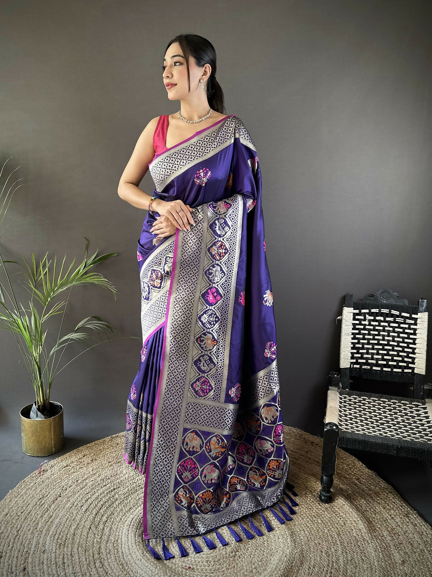 Joban Fashion Royal Blue Elephant & Floral Motifs Soft Lichi Silk Banarasi Saree