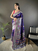 Thumbnail for Joban Fashion Royal Blue Elephant & Floral Motifs Soft Lichi Silk Banarasi Saree - Distacart