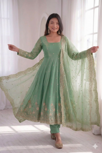 Teeya Creation Womens New Latest Trendy Elegant Pista Embroidered Anarkali Suit Set with Scalloped Dupatta - Dista