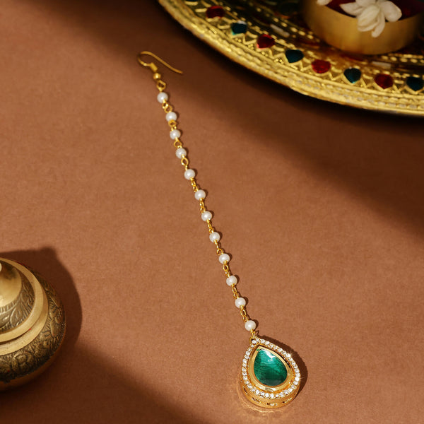 Ruby Raang Tear Drop Green Meenakari with Diamond Maang Tikka