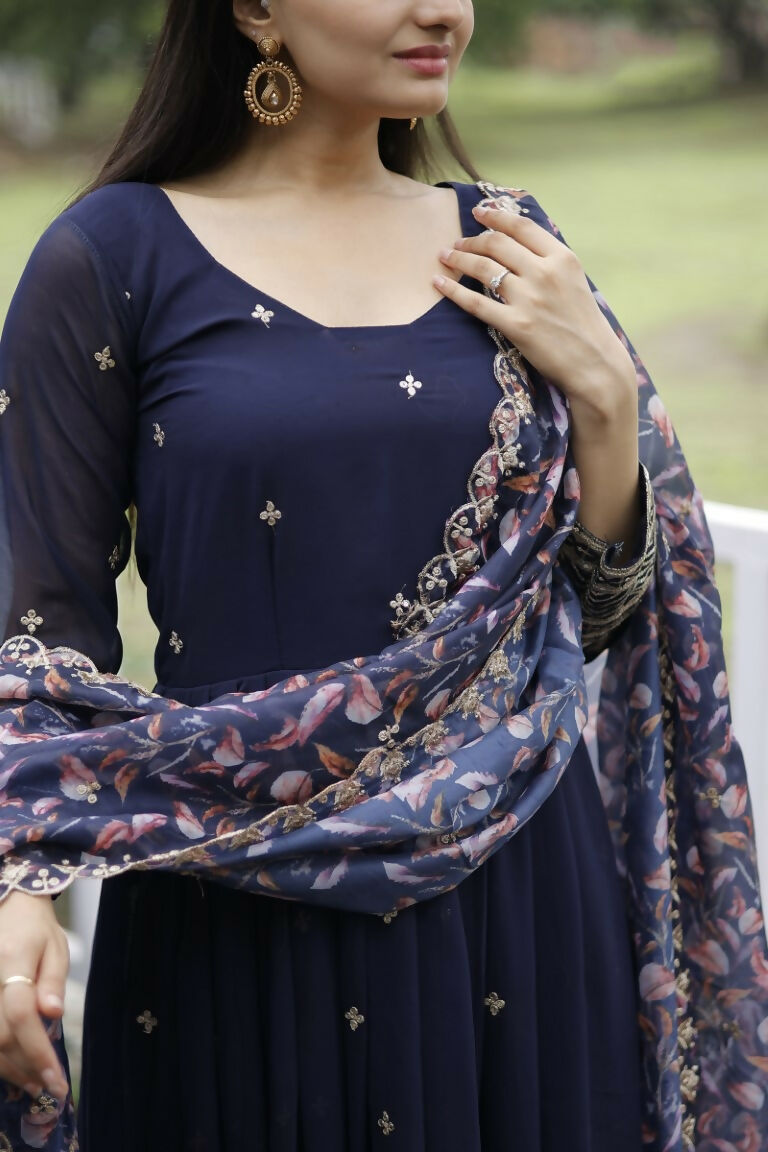 Jyoti Fashion Women's Navy Blue Faux Blooming Sequins with Zari Embroidery Anarkali Dress with Dupatta - Distacart