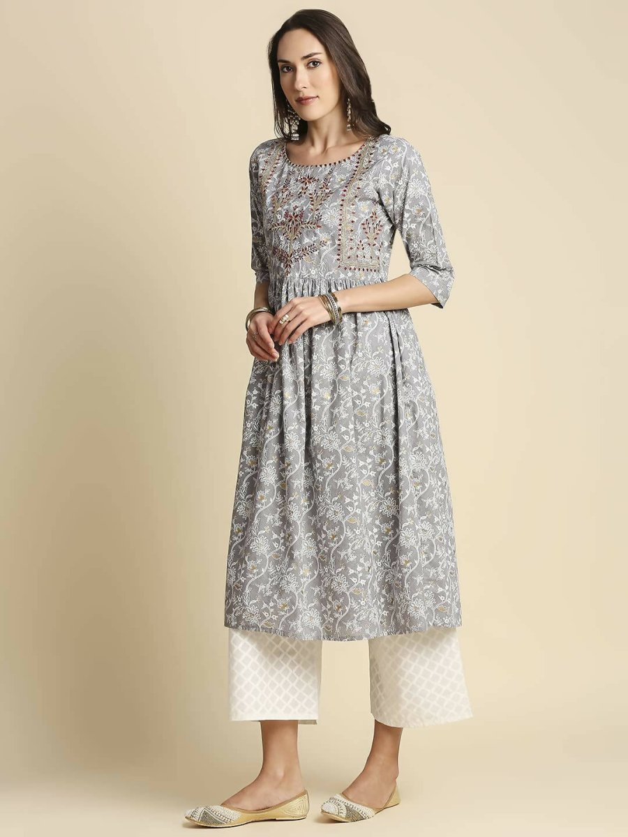 Anubhutee Women's Cotton Regular Floral Printed A-Line Grey Kurta Set - Distacart