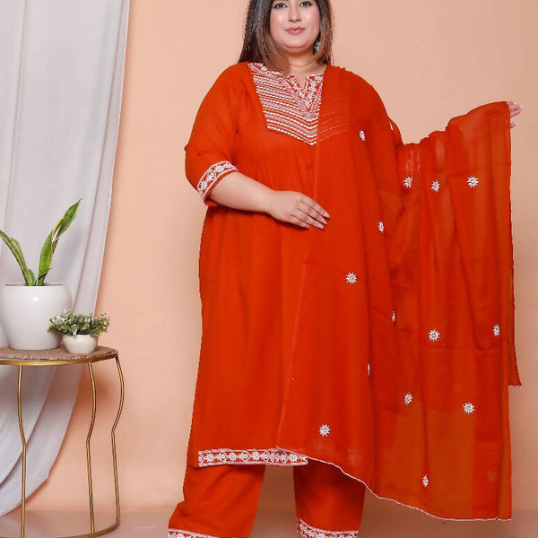 Miravan Womens Plus Size Floral Embroidered Rust Straight Cotton Kurta & Palazzo With Dupatta Set - Distacart