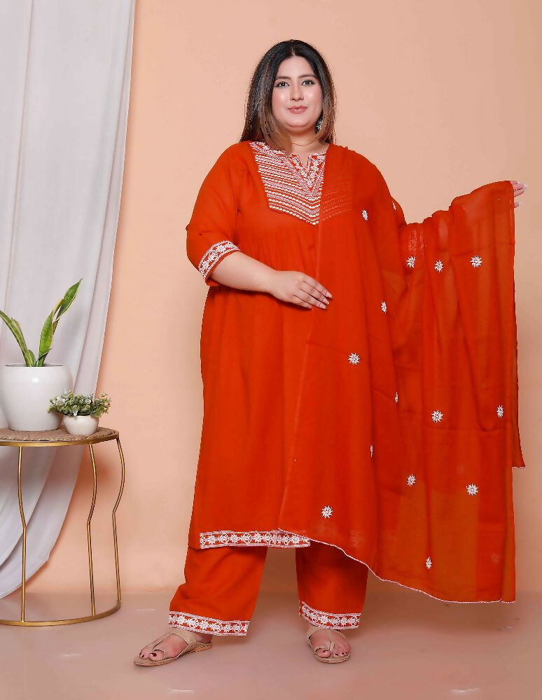 Miravan Womens Plus Size Floral Embroidered Rust Straight Cotton Kurta & Palazzo With Dupatta Set - Distacart