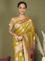 Thumbnail for Astita Linen Cotton Mhendi Green Saree