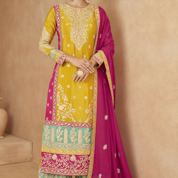 Anaita Yellow Chiffon Suit with Embroidery Coding Sequence Work