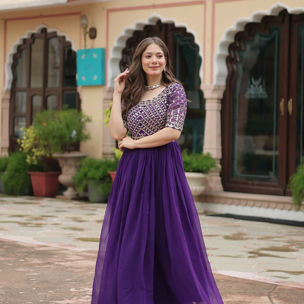 Joban Fashion Purple Georgette Sequence Embroidery Work Gown - Distacart