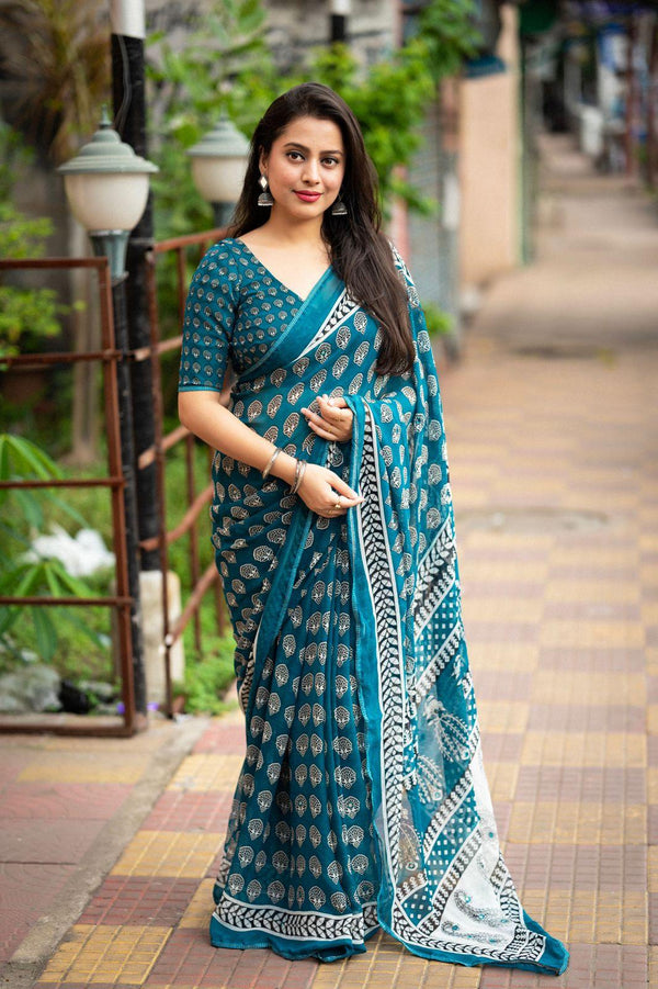 Rama Poly Georgette Ajrak Saree with Unstitched Blouse - A2M