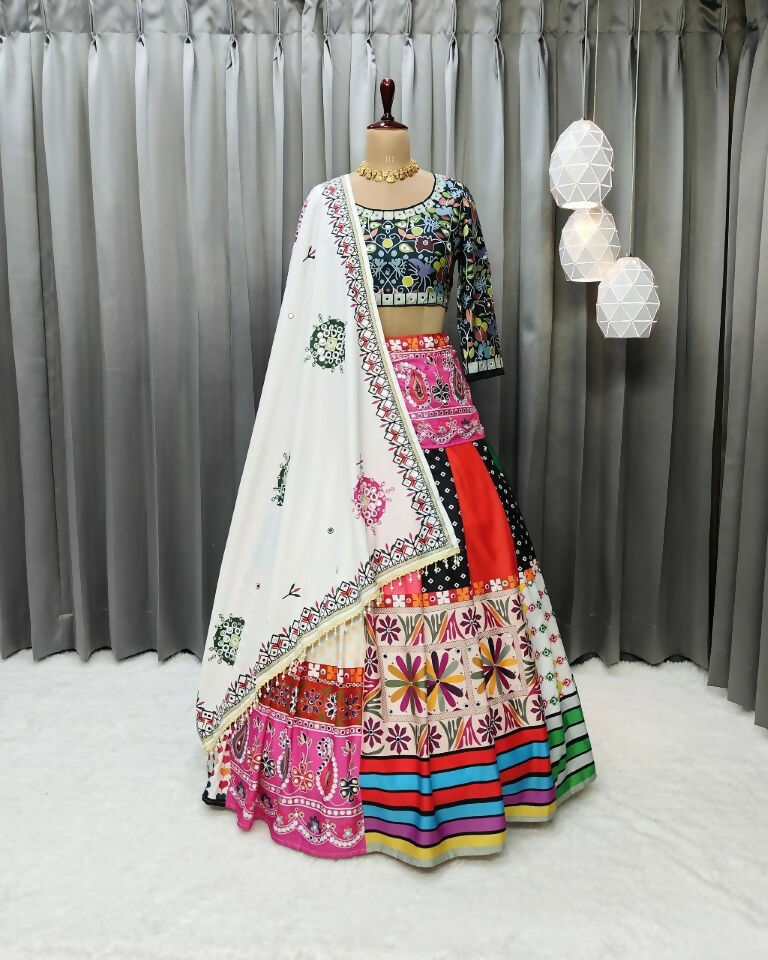 Preksha Creation Indian Festive Butter Soft Silk With Digital Print And Real Mirror Work Women Lehenga Choli - White - Distacart