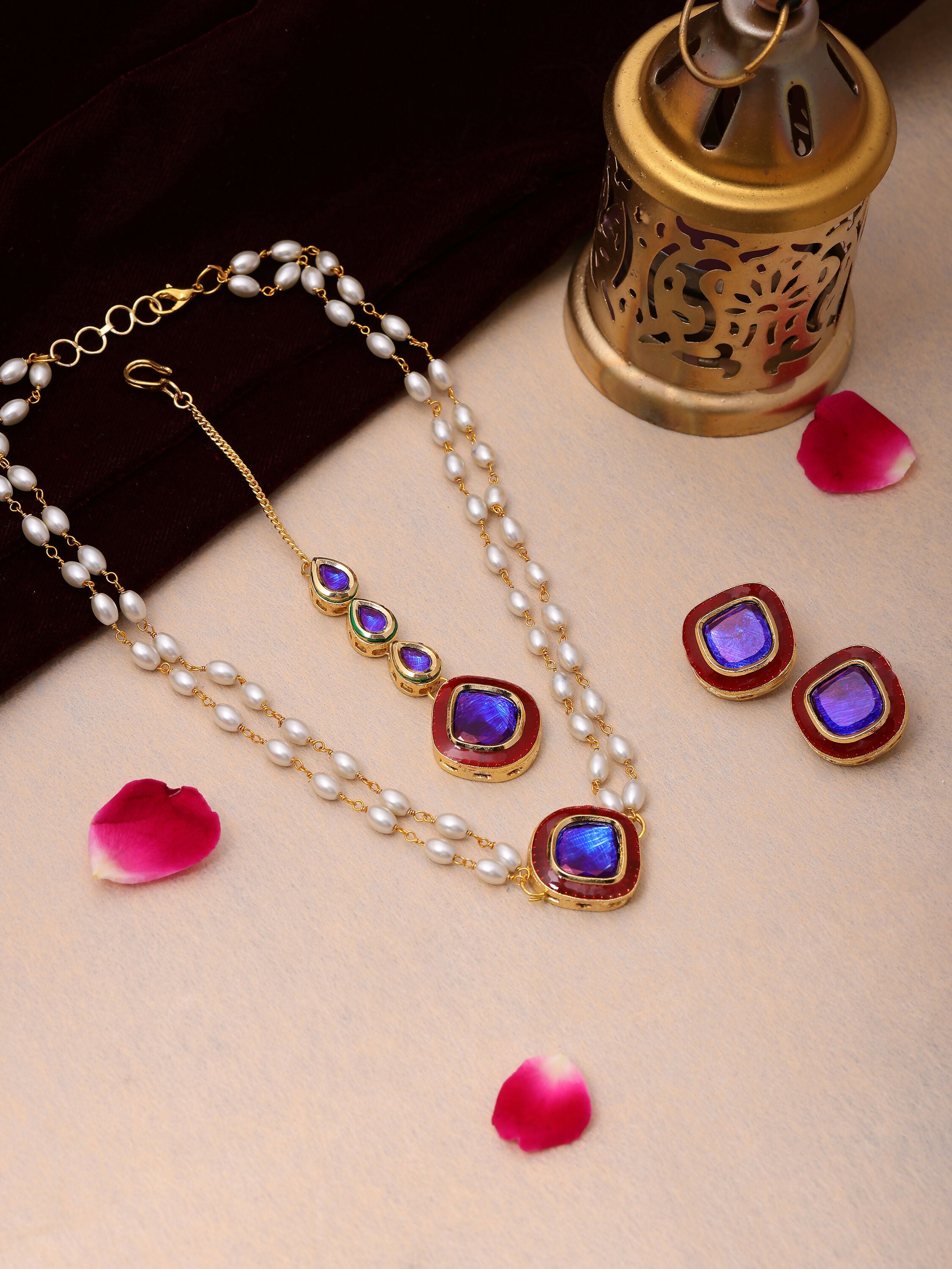 Ruby Raang Blue and Red Meenakari Kundan Necklace with Earrings & Maang Tikka