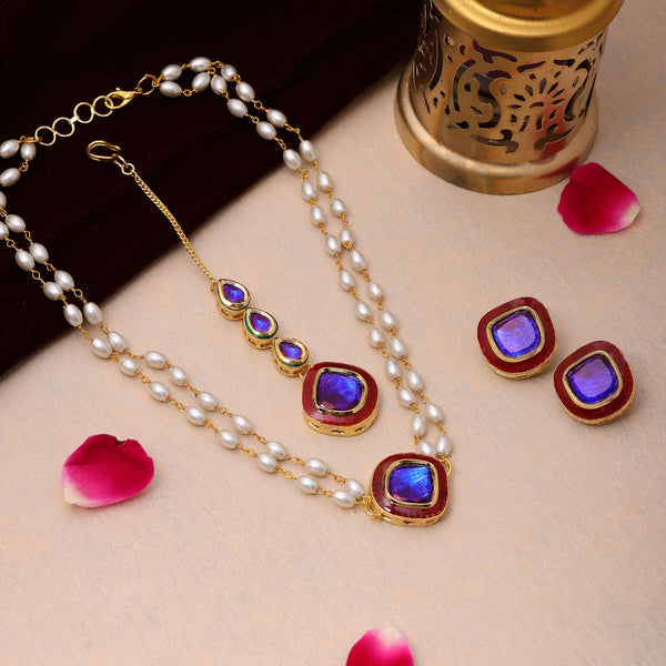 Ruby Raang Blue and Red Meenakari Kundan Necklace with Earrings & Maang Tikka