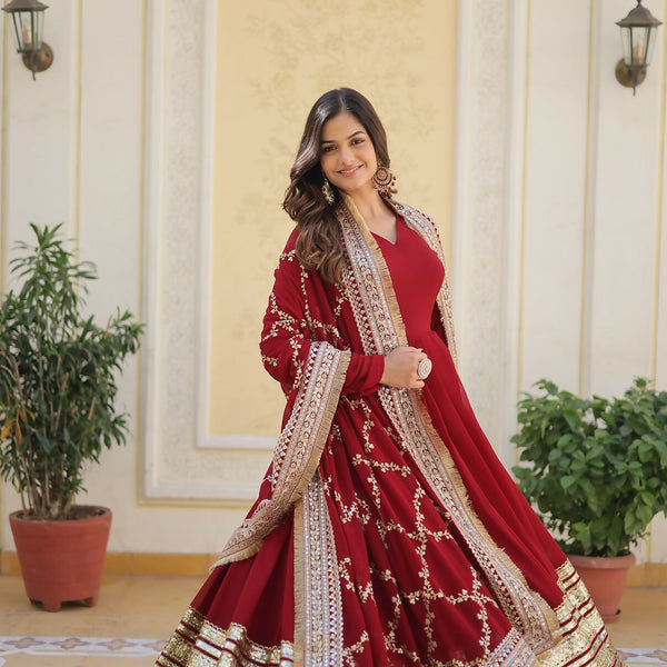 Joban Fashion Maroon Georgette Sequence Embroidery Work Kurta Set