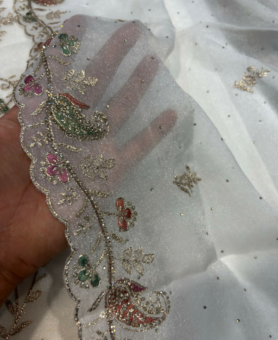 KC Heavy Embroidery Worked Two Ton Moss Silk White Suit For Women - Dista