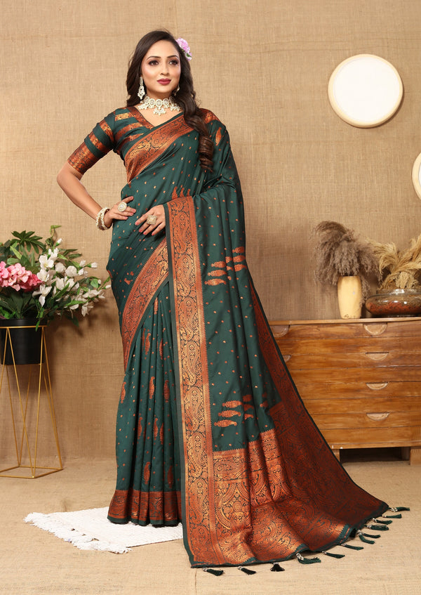 Vedant Vastram Bottle Green Color Banarasi Silk Saree - Bottle Green - Distacart