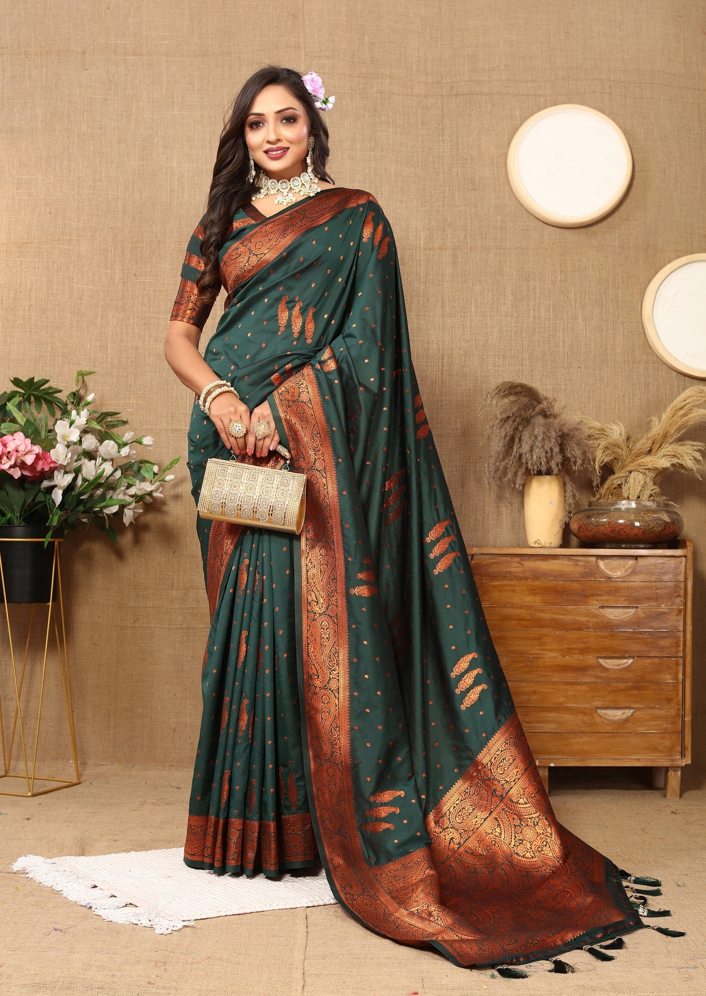 Vedant Vastram Bottle Green Color Banarasi Silk Saree - Bottle Green - Distacart