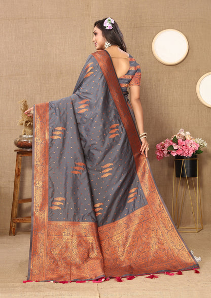 Vedant Vastram Grey Color Banarasi Silk Saree - Grey - Distacart
