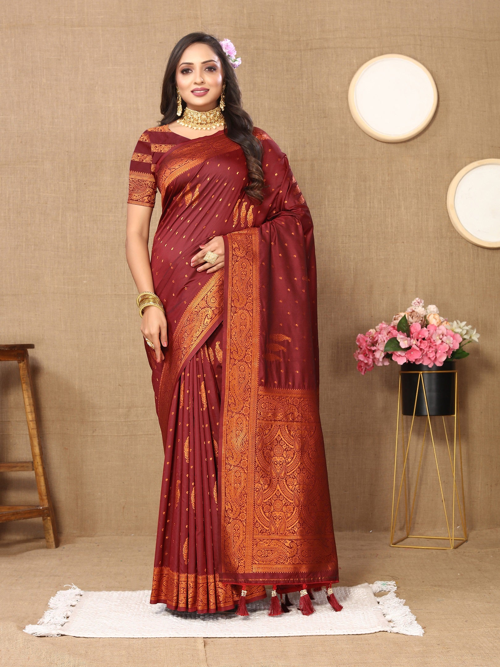 Vedant Vastram Maroon Color Banarasi Silk Saree - Maroon - Distacart