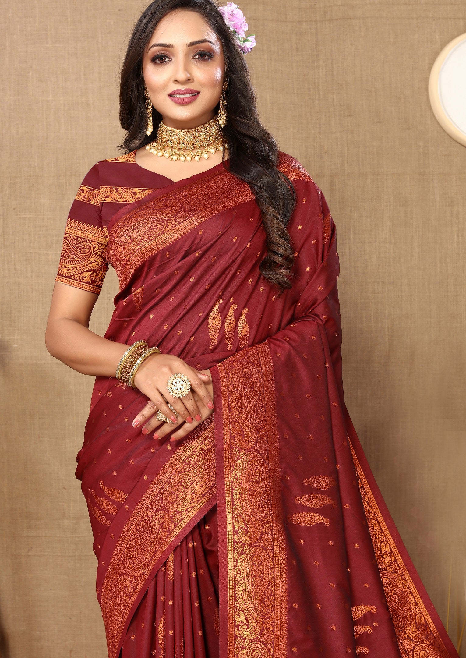 Vedant Vastram Maroon Color Banarasi Silk Saree - Maroon - Distacart