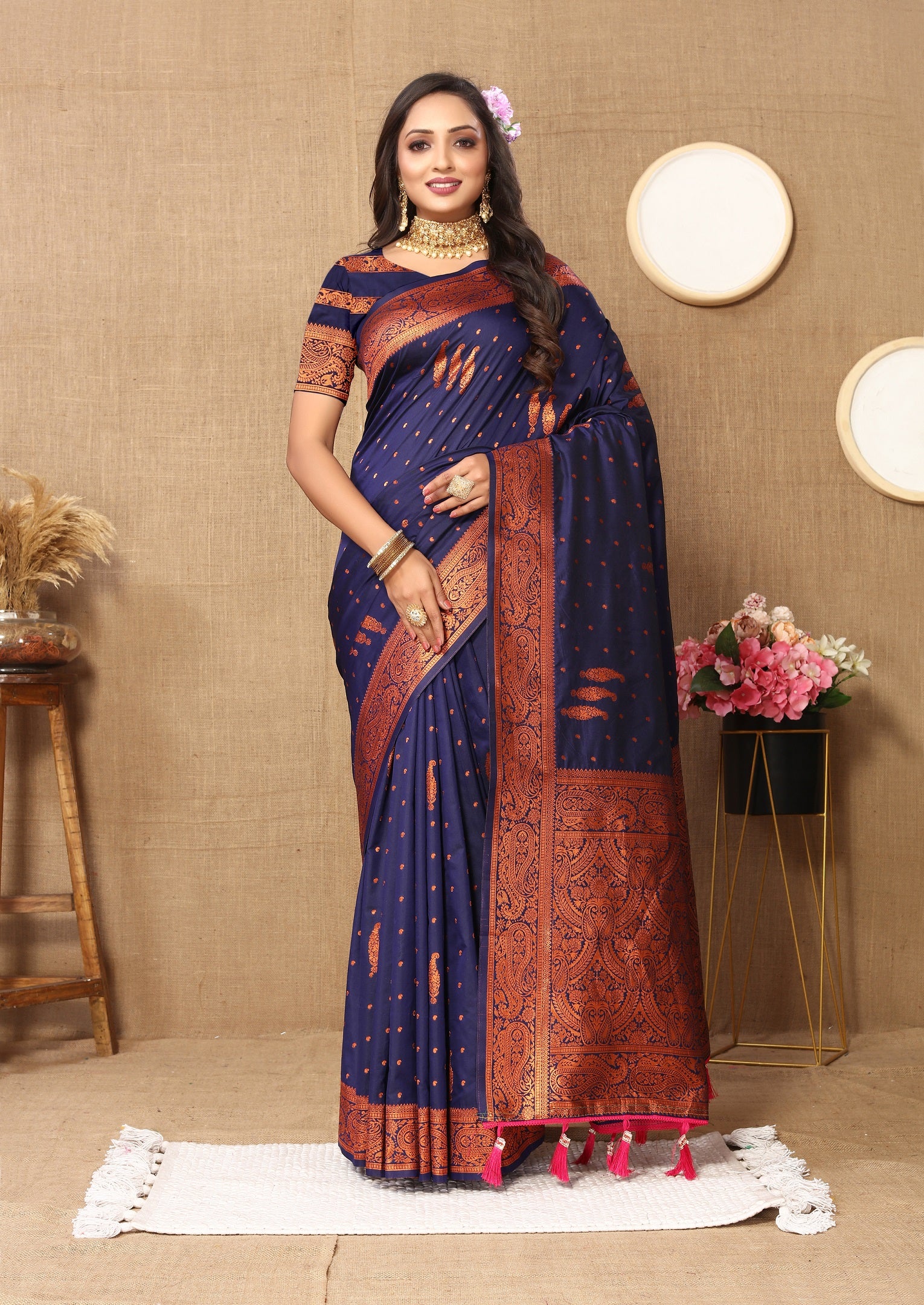 Vedant Vastram Navy Blue Color Banarasi Silk Saree - Navy Blue - Distacart