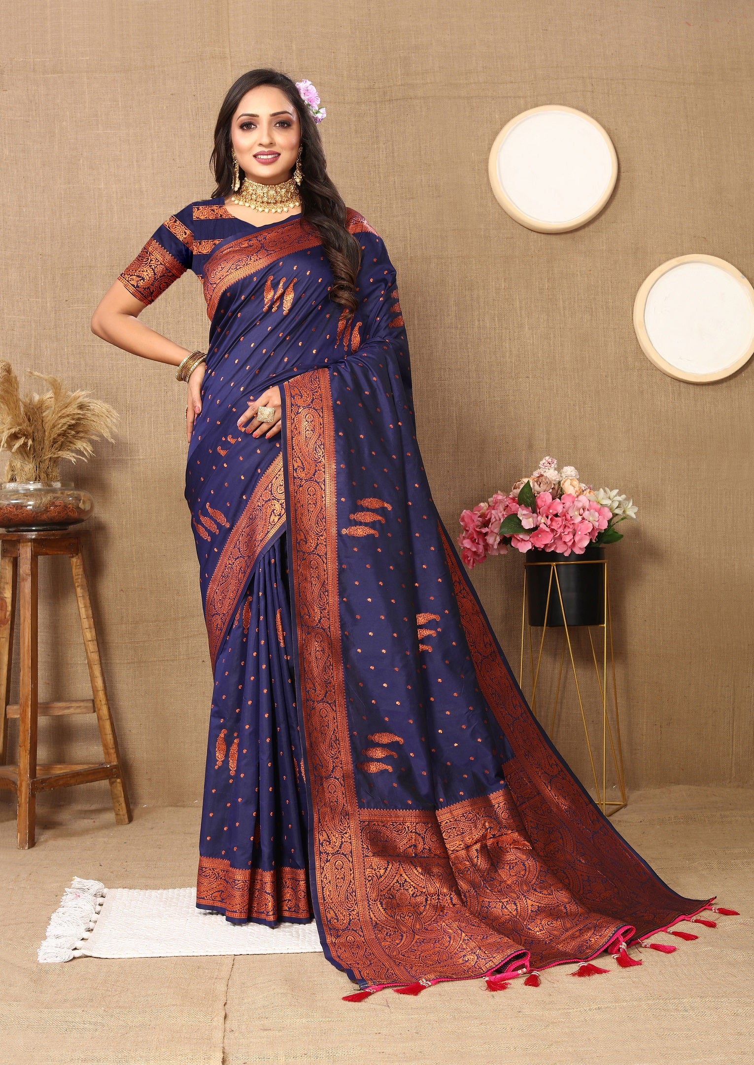Vedant Vastram Navy Blue Color Banarasi Silk Saree - Navy Blue - Distacart
