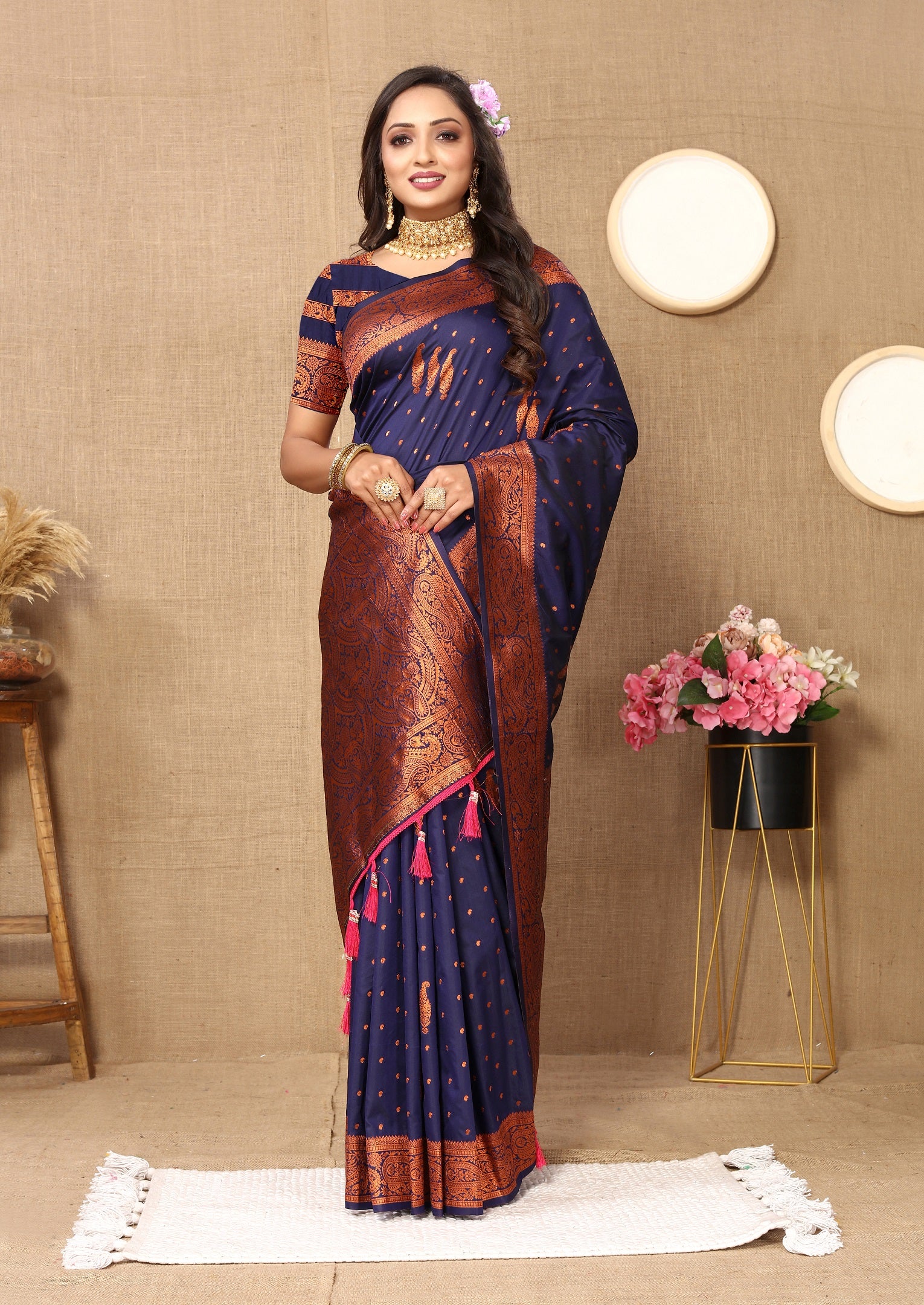 Vedant Vastram Navy Blue Color Banarasi Silk Saree - Navy Blue - Distacart