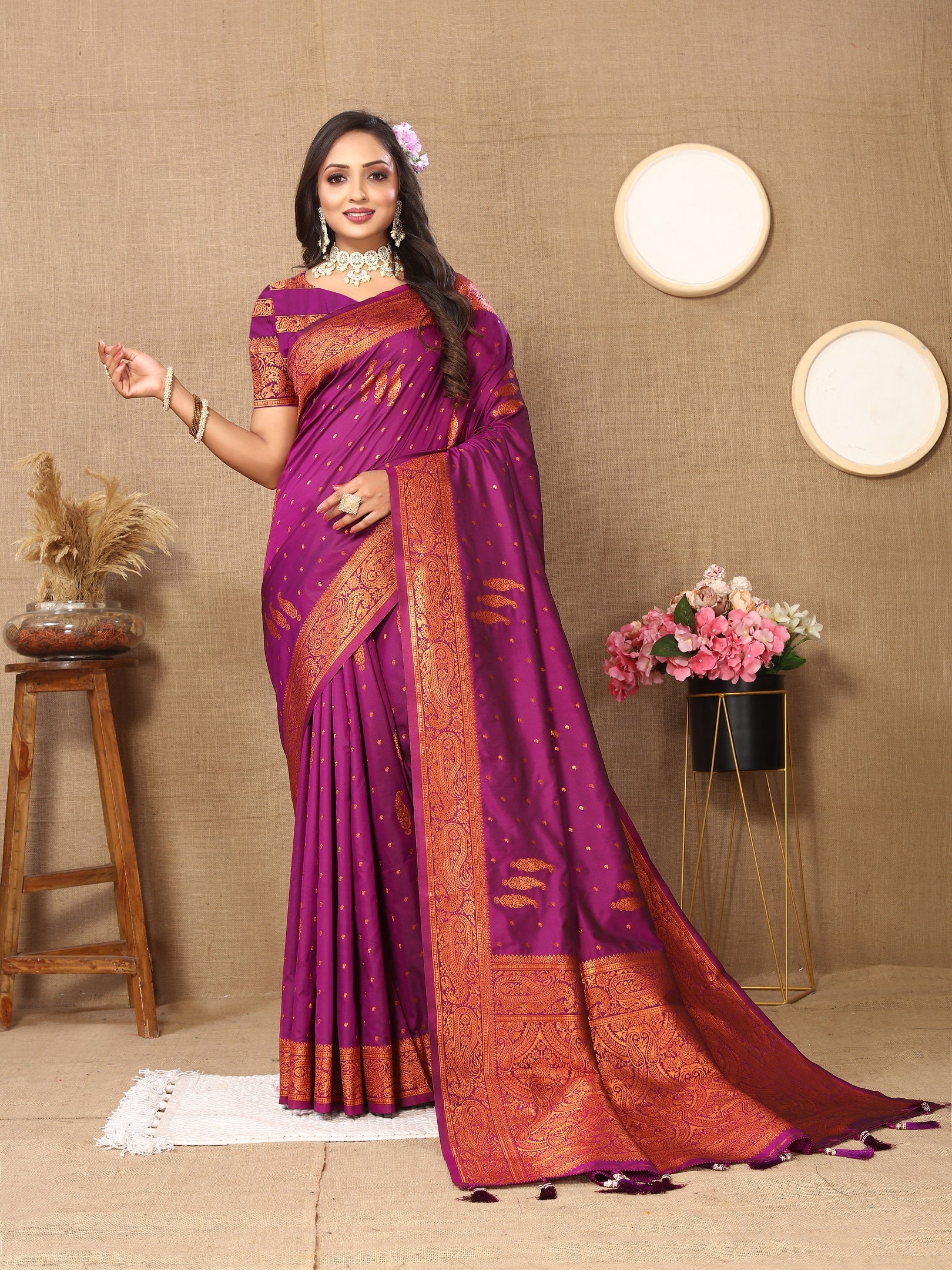Vedant Vastram Wine Color Banarasi Silk Saree - Wine - Distacart