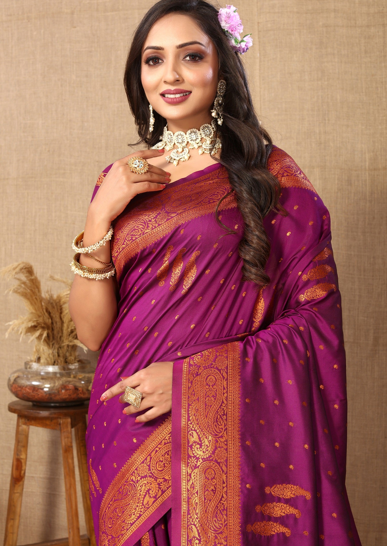 Vedant Vastram Wine Color Banarasi Silk Saree - Wine - Distacart