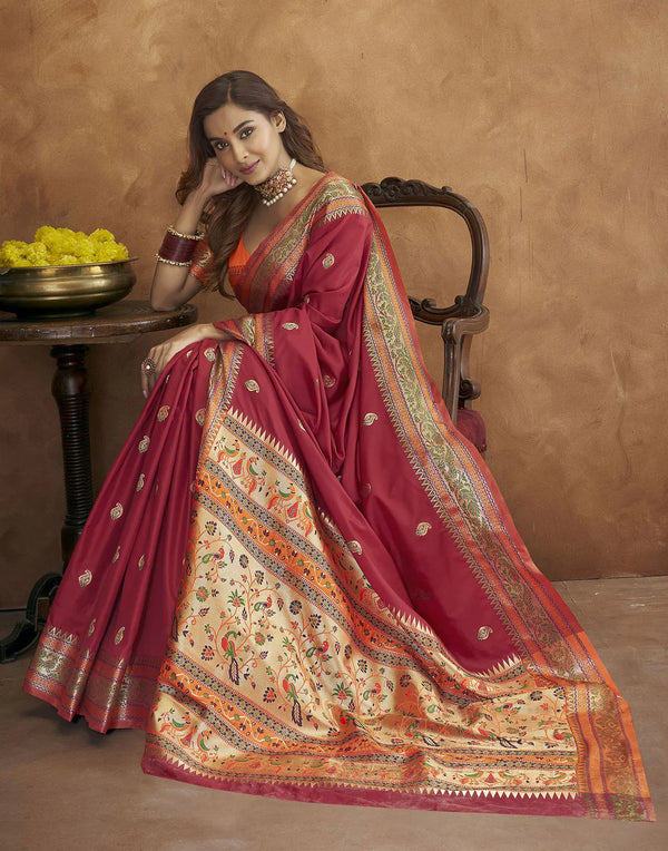 Vedant Vastram Maroon Color Paithani Silk Saree - Maroon - Distacart