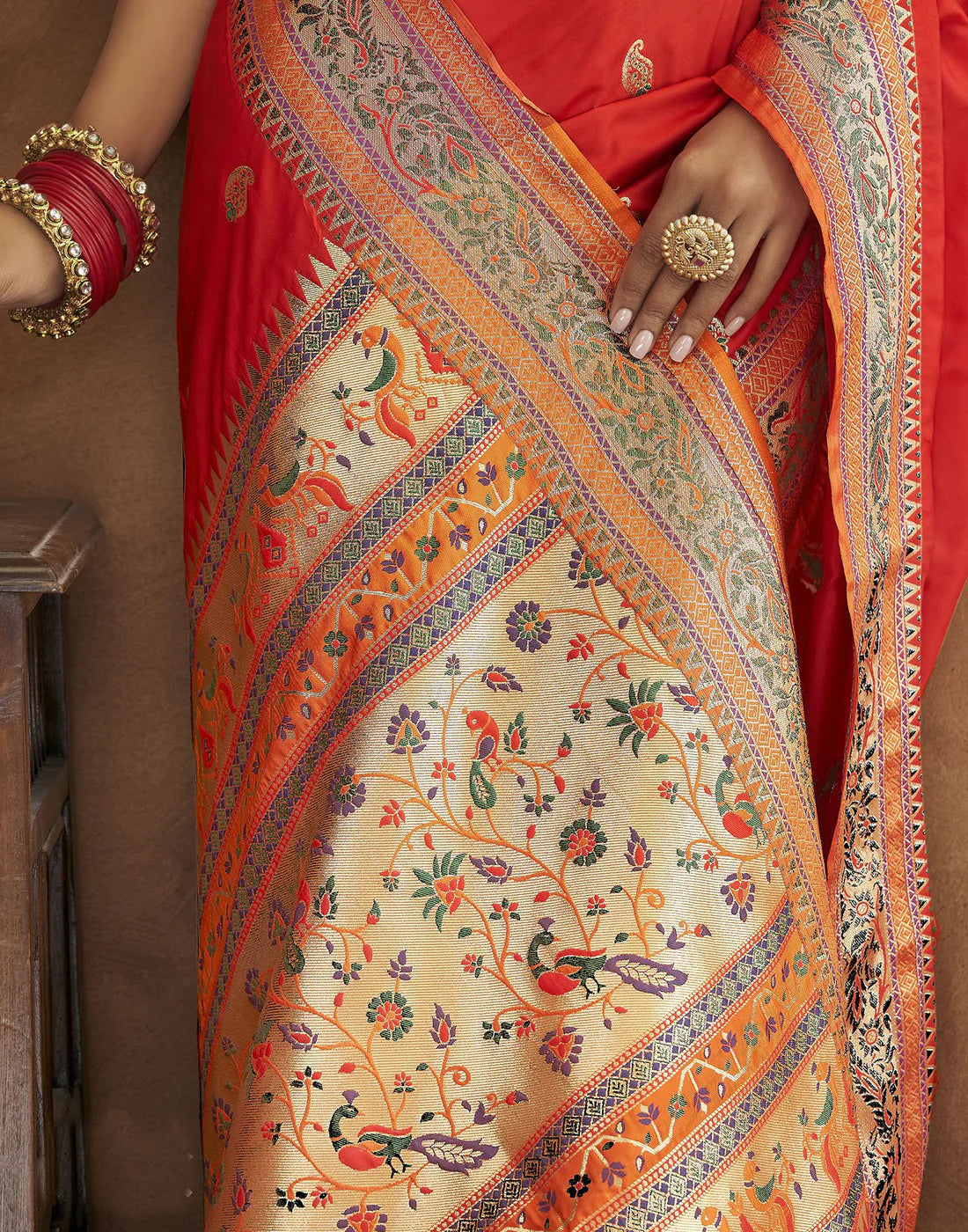 Vedant Vastram Red Color Paithani Silk Saree - Red - Distacart