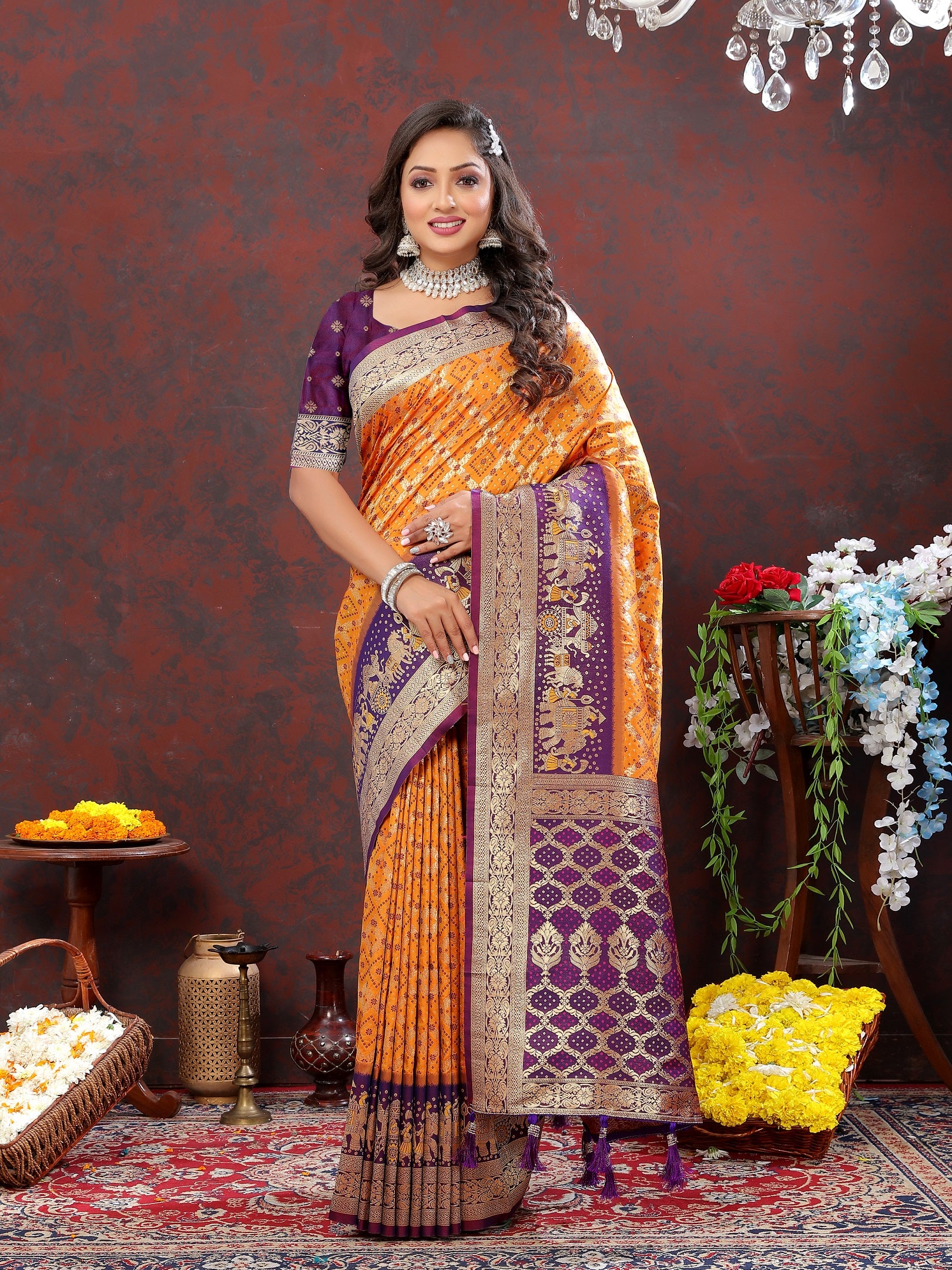 Vedant Vastram Mustard Color Kanjeevaram Patola Silk Saree - Mustard - Distacart