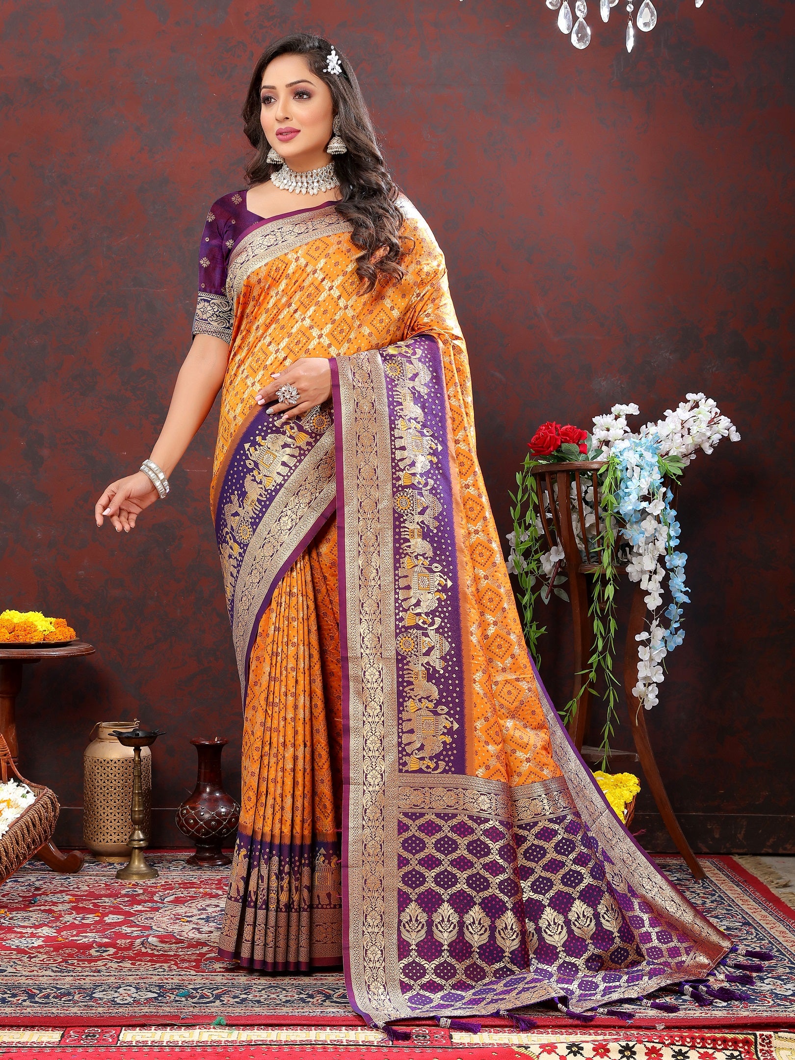 Vedant Vastram Mustard Color Kanjeevaram Patola Silk Saree - Mustard - Distacart