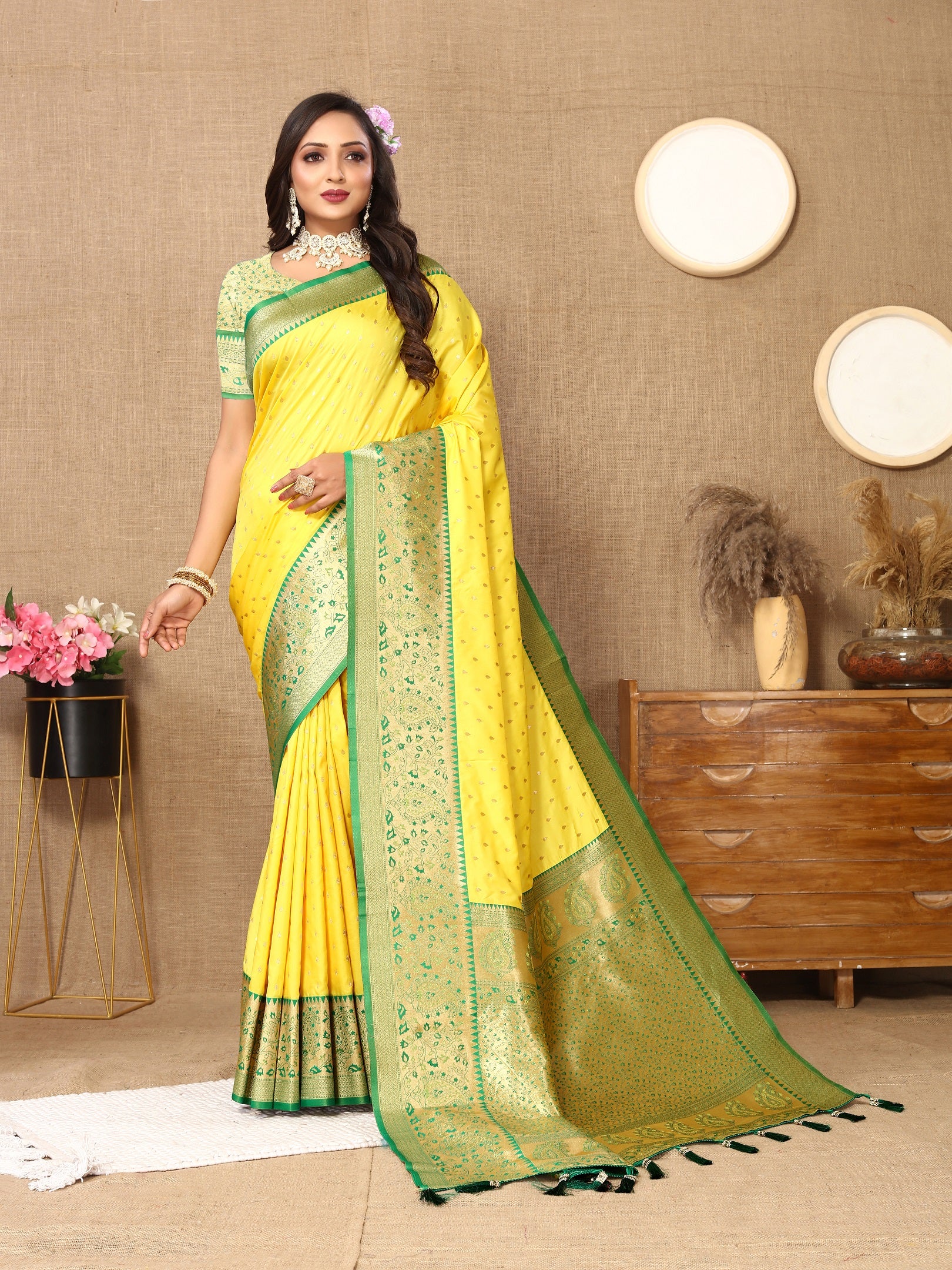 Vedant Vastram Yellow Color Kanjeevaram Silk Saree - Yellow - Distacart