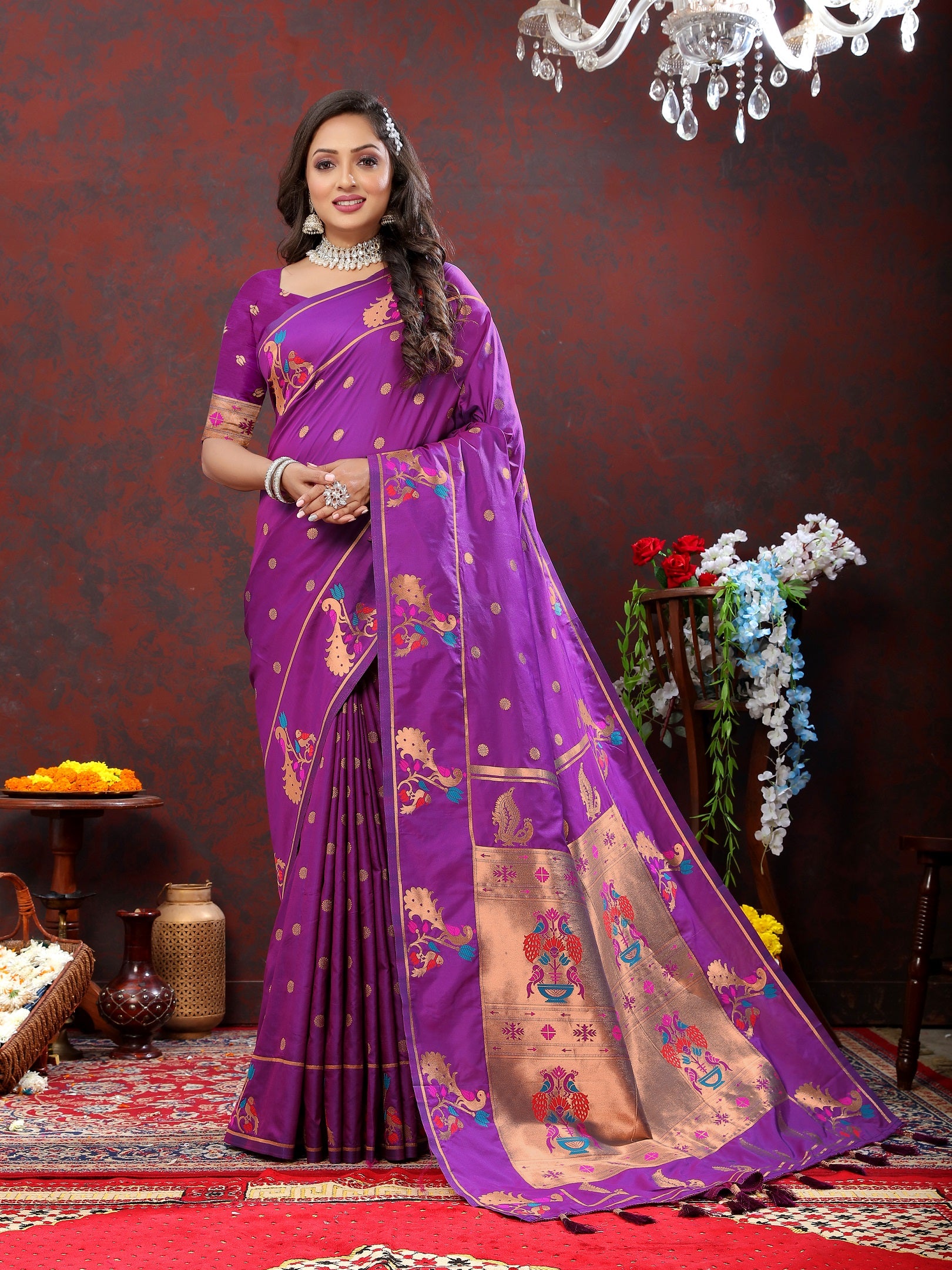 Vedant Vastram Purple Color Paithani Silk Saree - Purple - Distacart