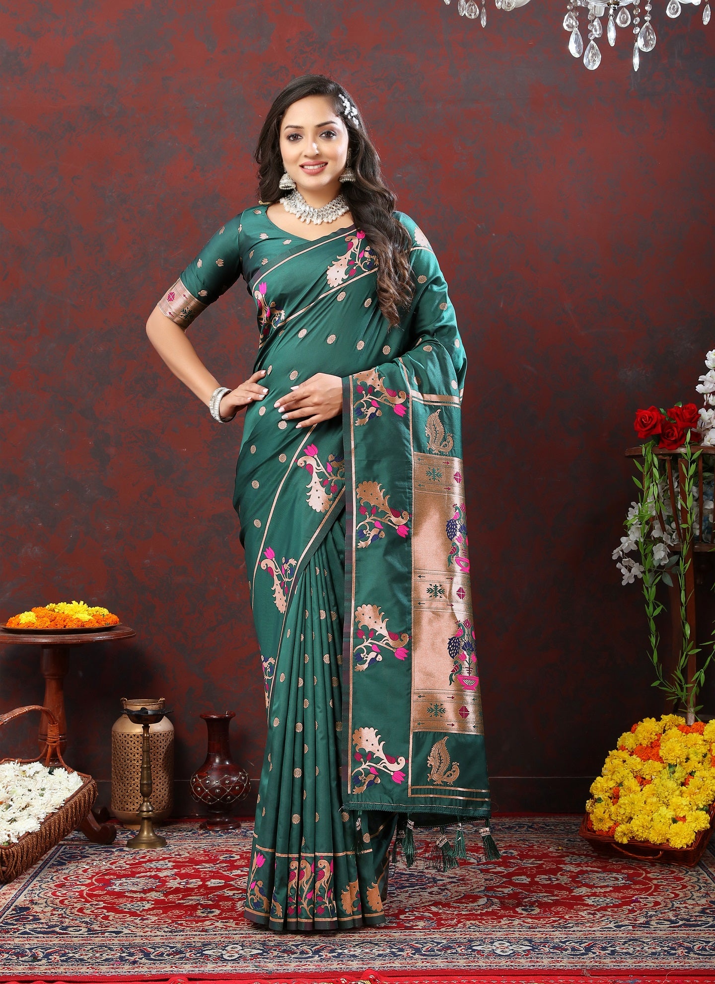 Vedant Vastram Red Green Color Paithani Silk Saree - Green - Distacart