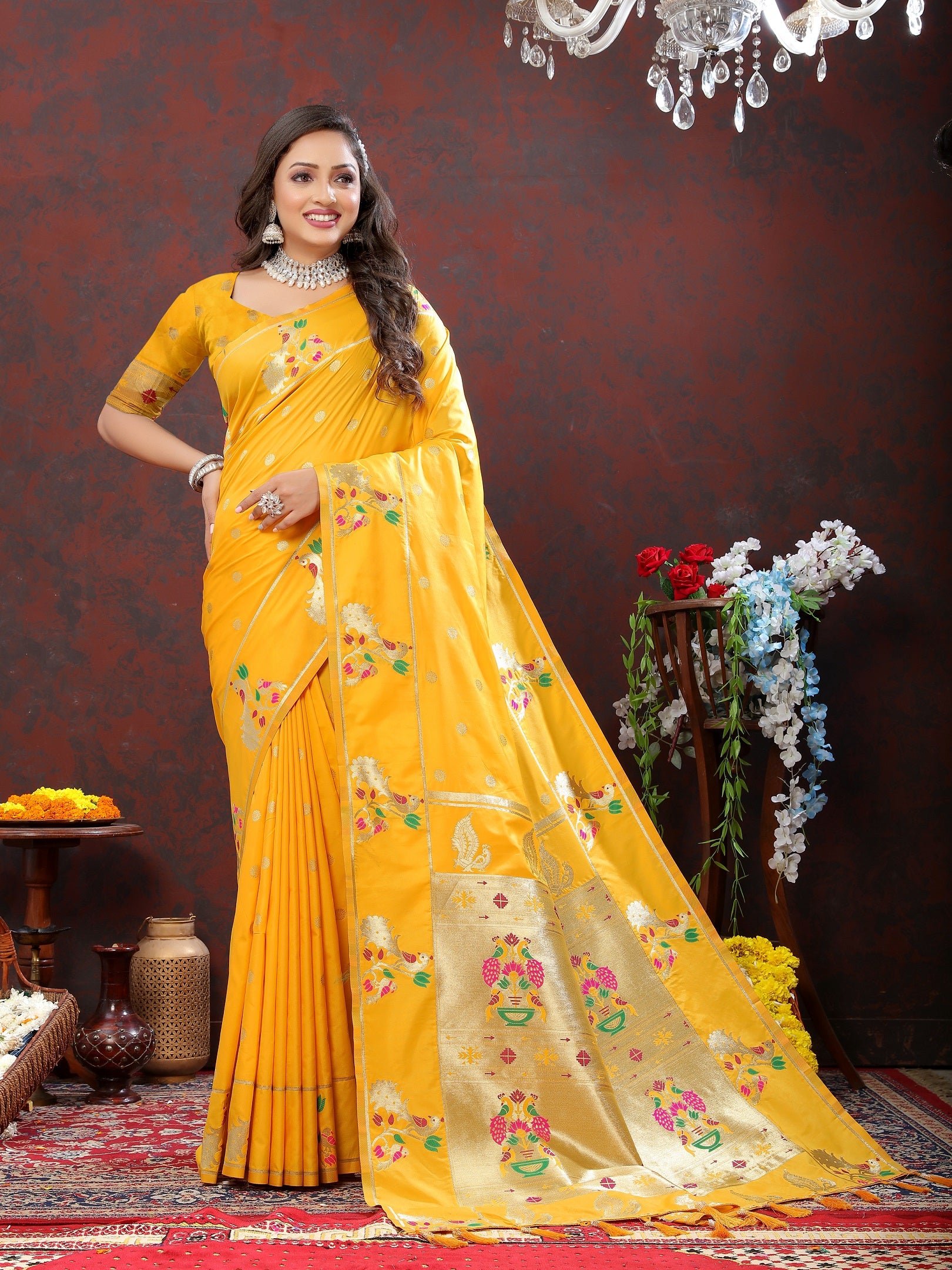 Vedant Vastram Mustard Color Paithani Silk Saree - Mustard - Distacart