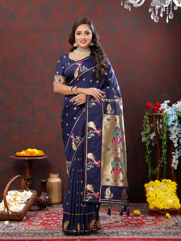 Vedant Vastram Navy Blue Color Paithani Silk Saree - Navy Blue - Distacart