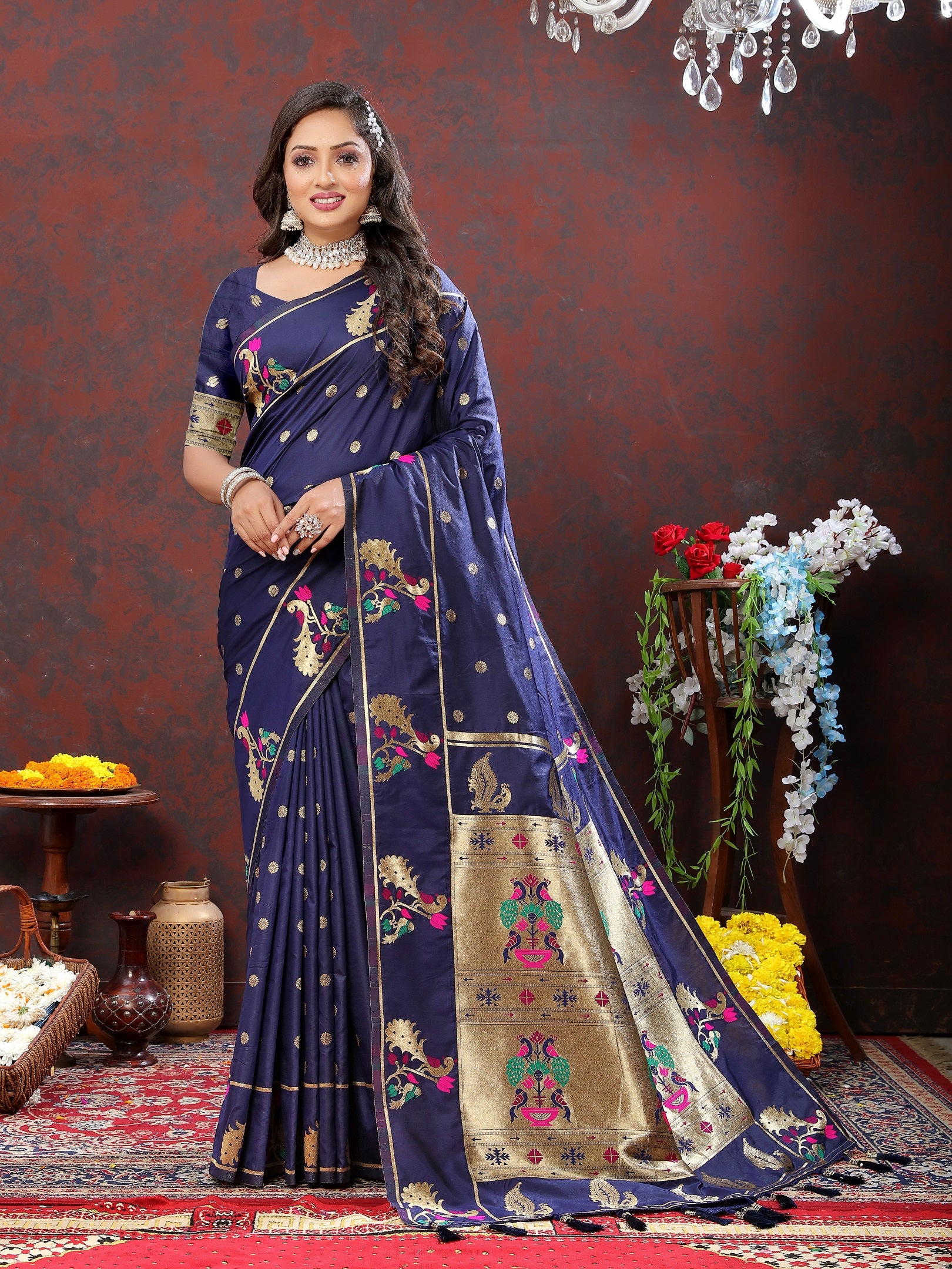 Vedant Vastram Navy Blue Color Paithani Silk Saree - Navy Blue - Distacart
