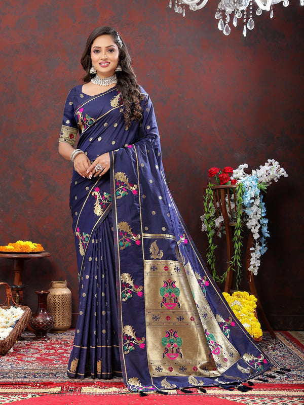 Vedant Vastram Navy Blue Color Paithani Silk Saree - Navy Blue - Distacart