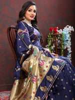 Thumbnail for Vedant Vastram Navy Blue Color Paithani Silk Saree - Navy Blue - Distacart