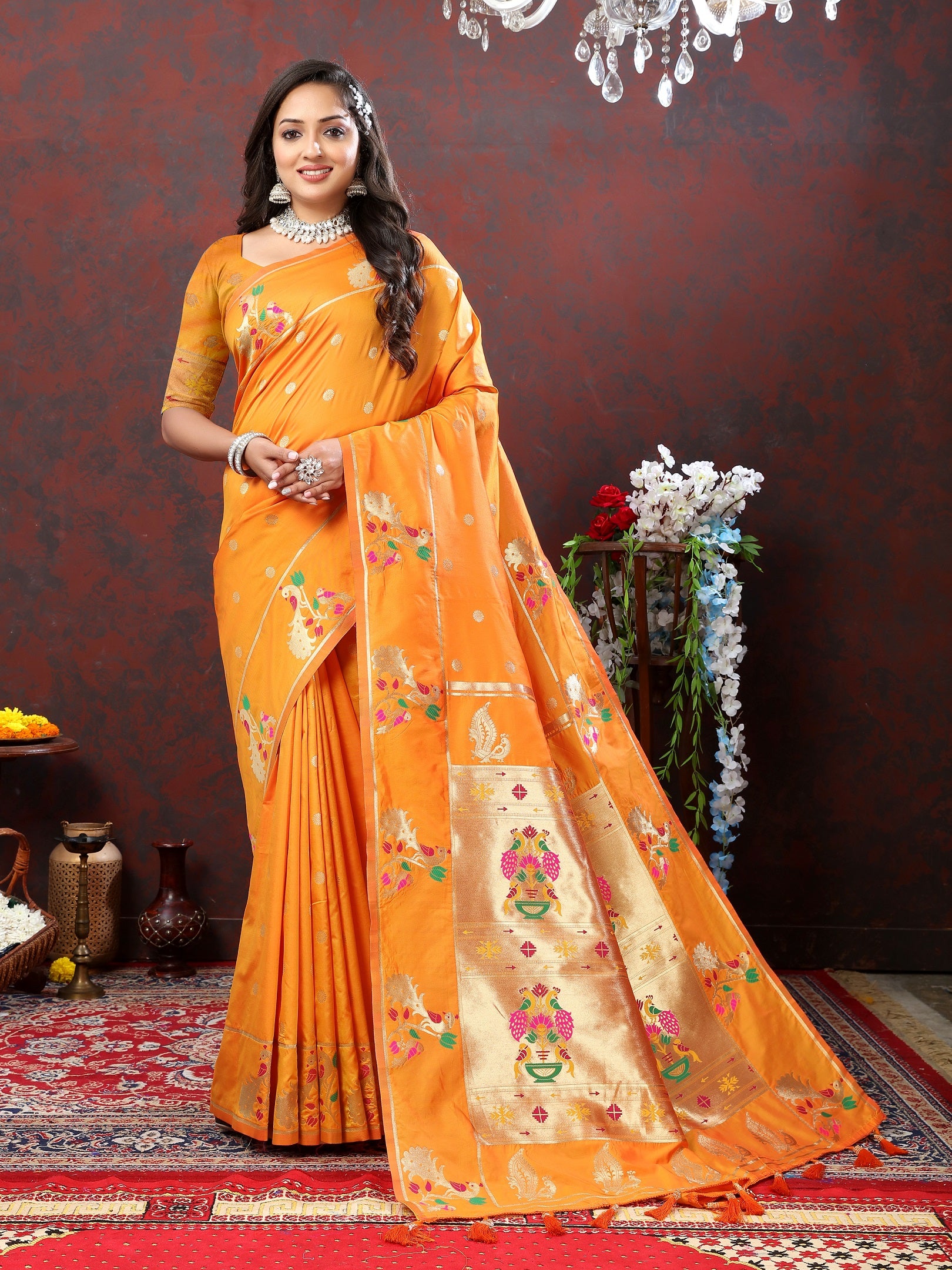 Vedant Vastram Orange Color Paithani Silk Saree - Orange - Distacart