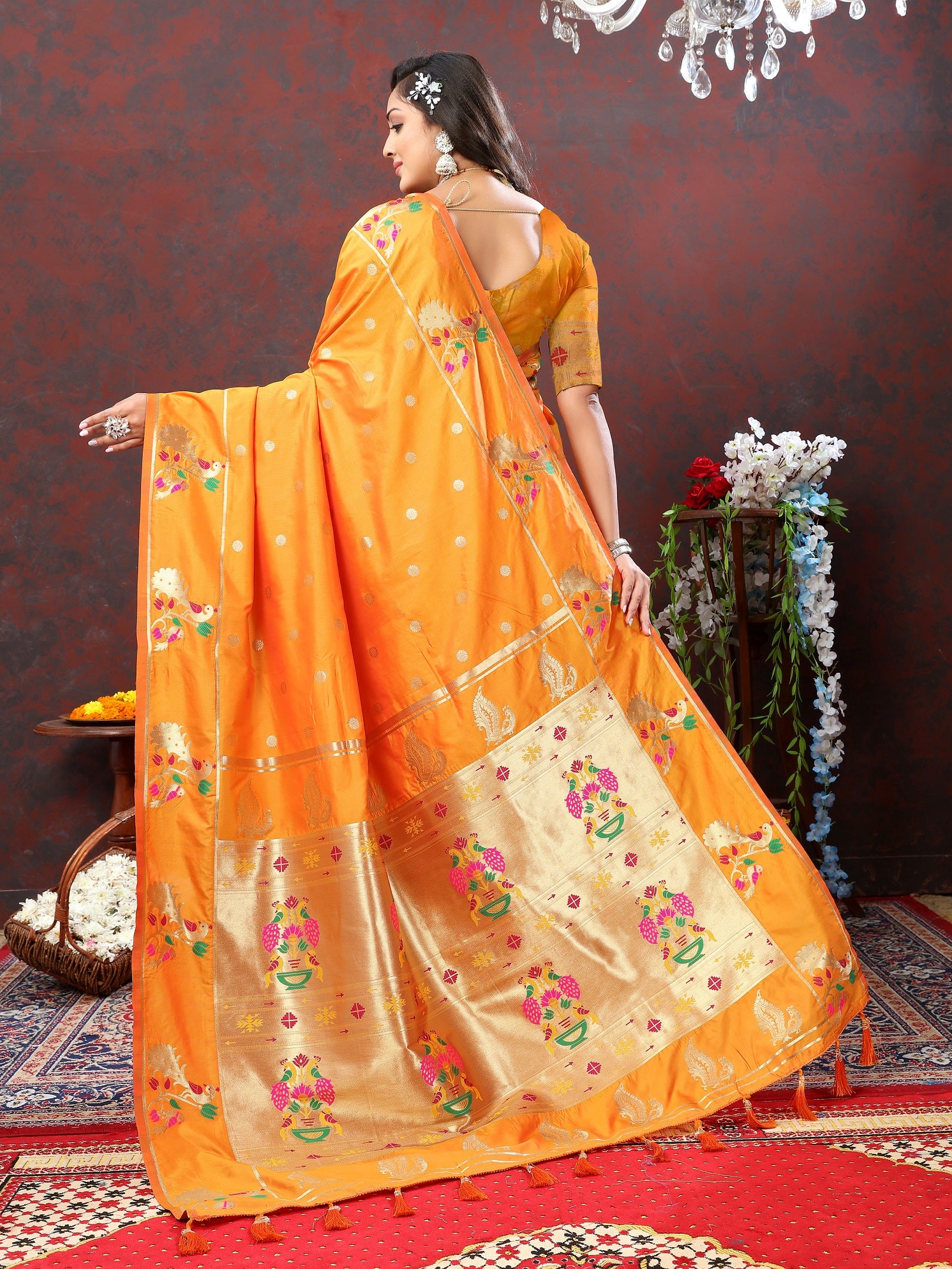 Vedant Vastram Orange Color Paithani Silk Saree - Orange - Distacart