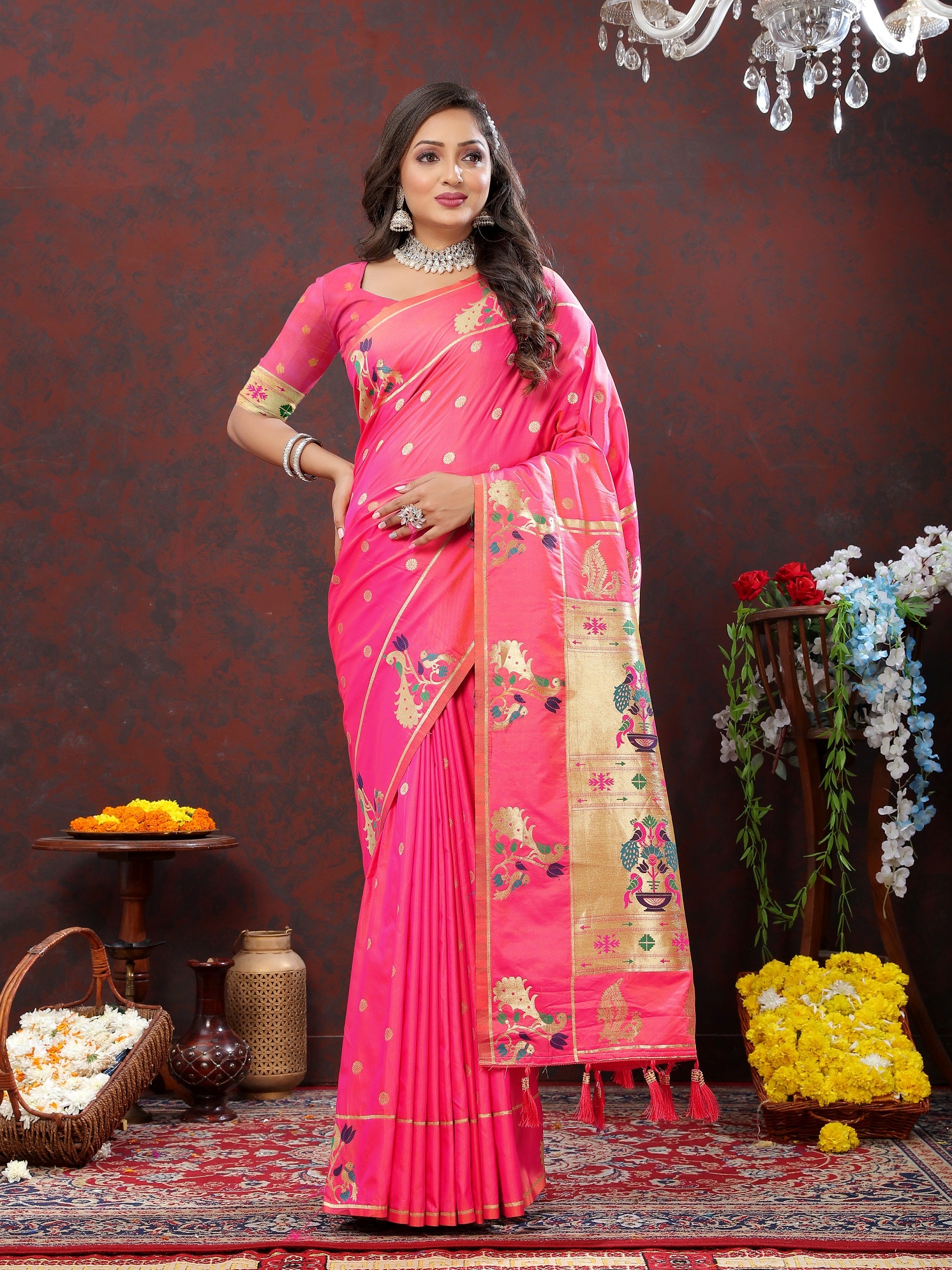 Vedant Vastram Pink Color Paithani Silk Saree - Pink - Distacart