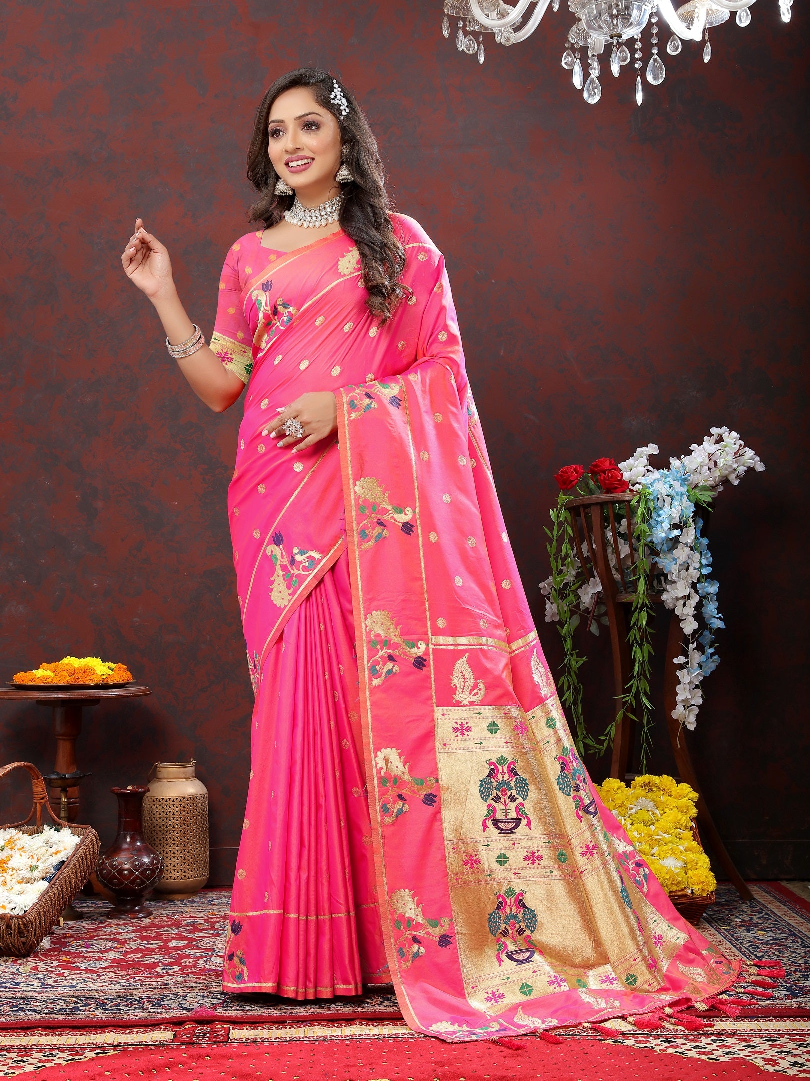 Vedant Vastram Pink Color Paithani Silk Saree - Pink - Distacart