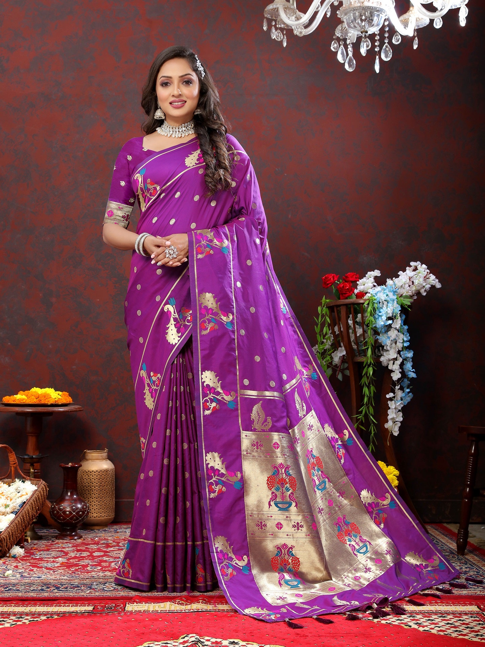 Vedant Vastram Purple Color Paithani Silk Saree - Purple - Distacart