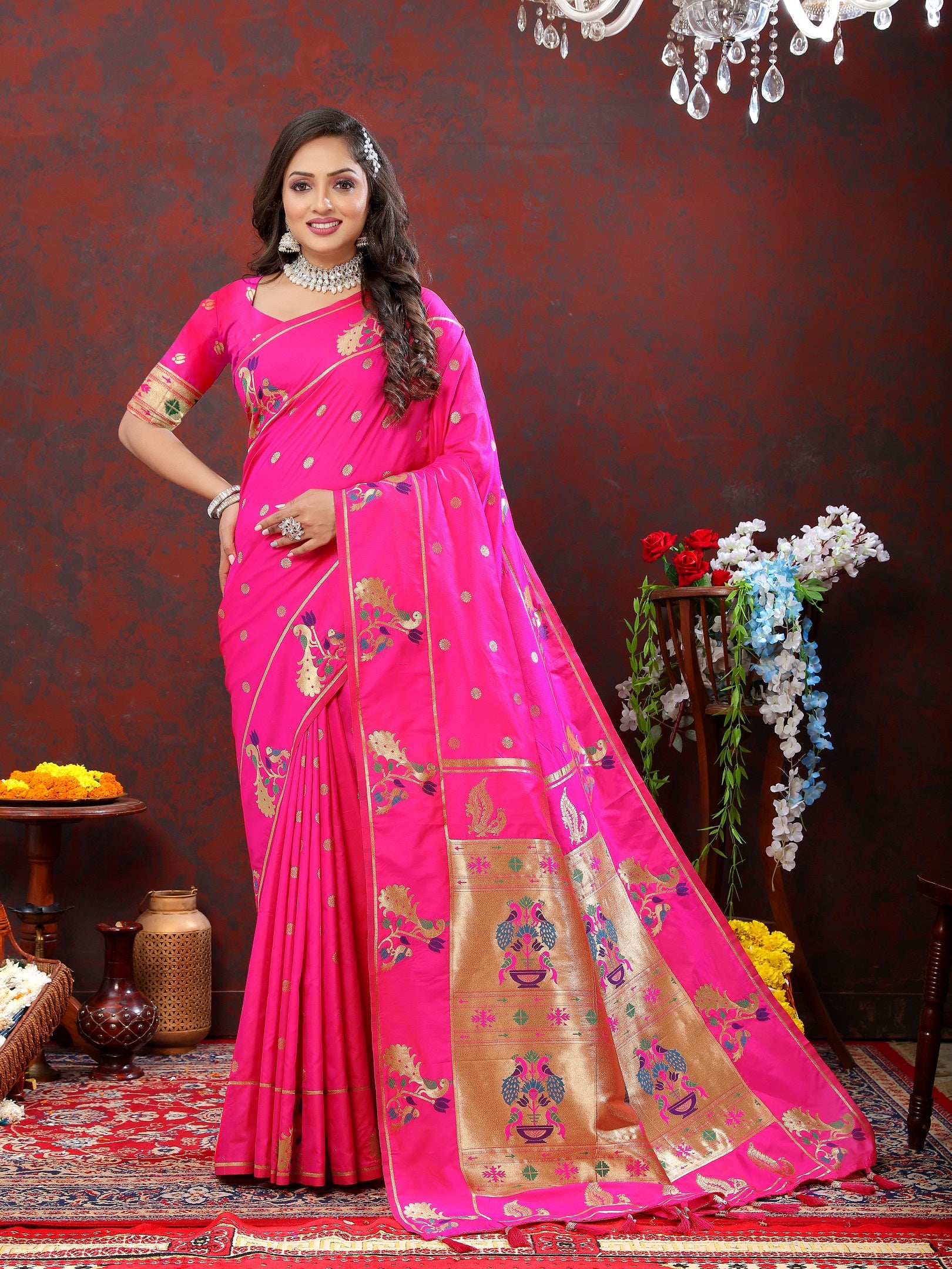 Vedant Vastram Rani Pink Color Paithani Silk Saree - Rani Pink - Distacart