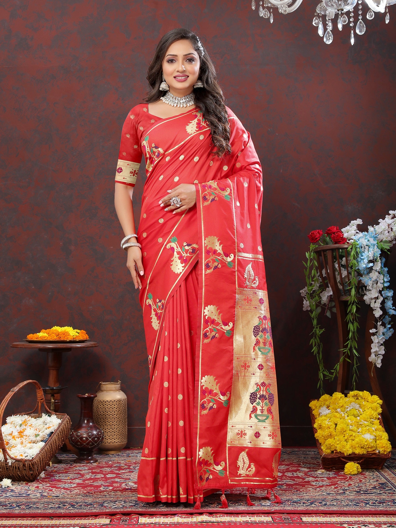 Vedant Vastram Red Color Paithani Silk Saree - Red - Distacart