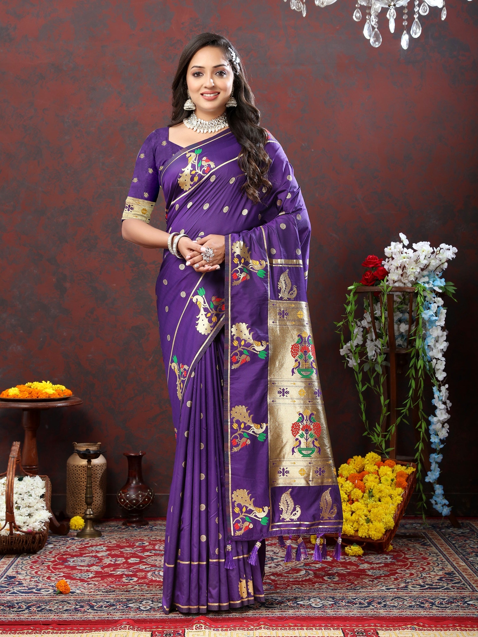 Vedant Vastram Violet Color Paithani Silk Saree - Violet - Distacart