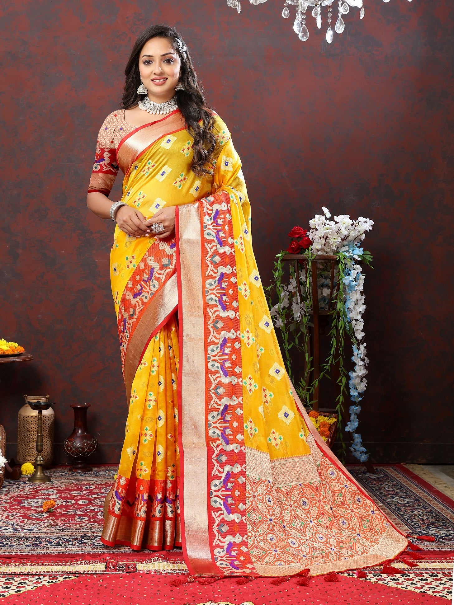Vedant Vastram Mustard Color Kanjeevaram Patola Silk Saree - Mustard - Distacart