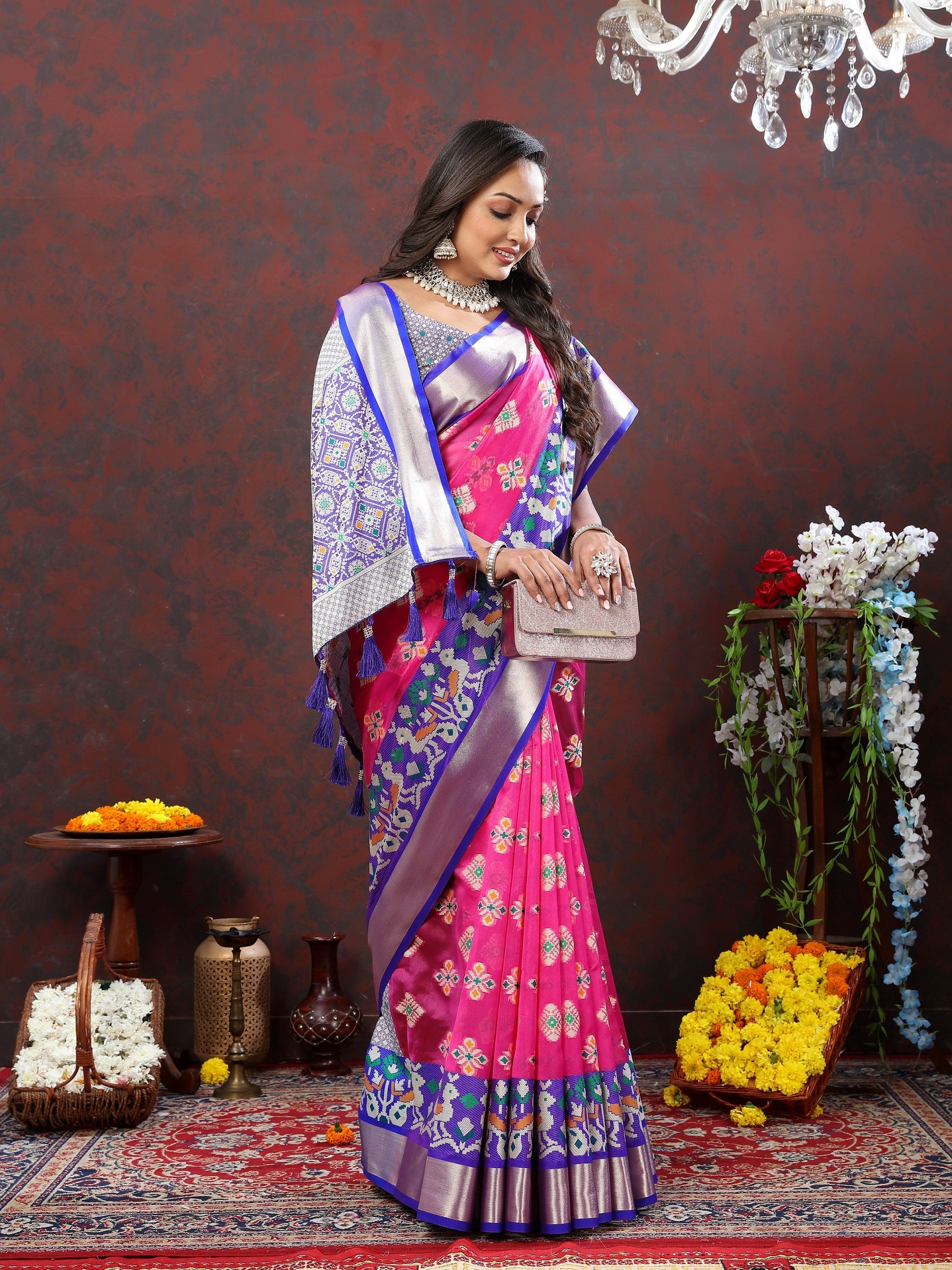 Vedant Vastram Rani Pink Color Kanjeevaram Patola Silk Saree - Rani Pink - Distacart