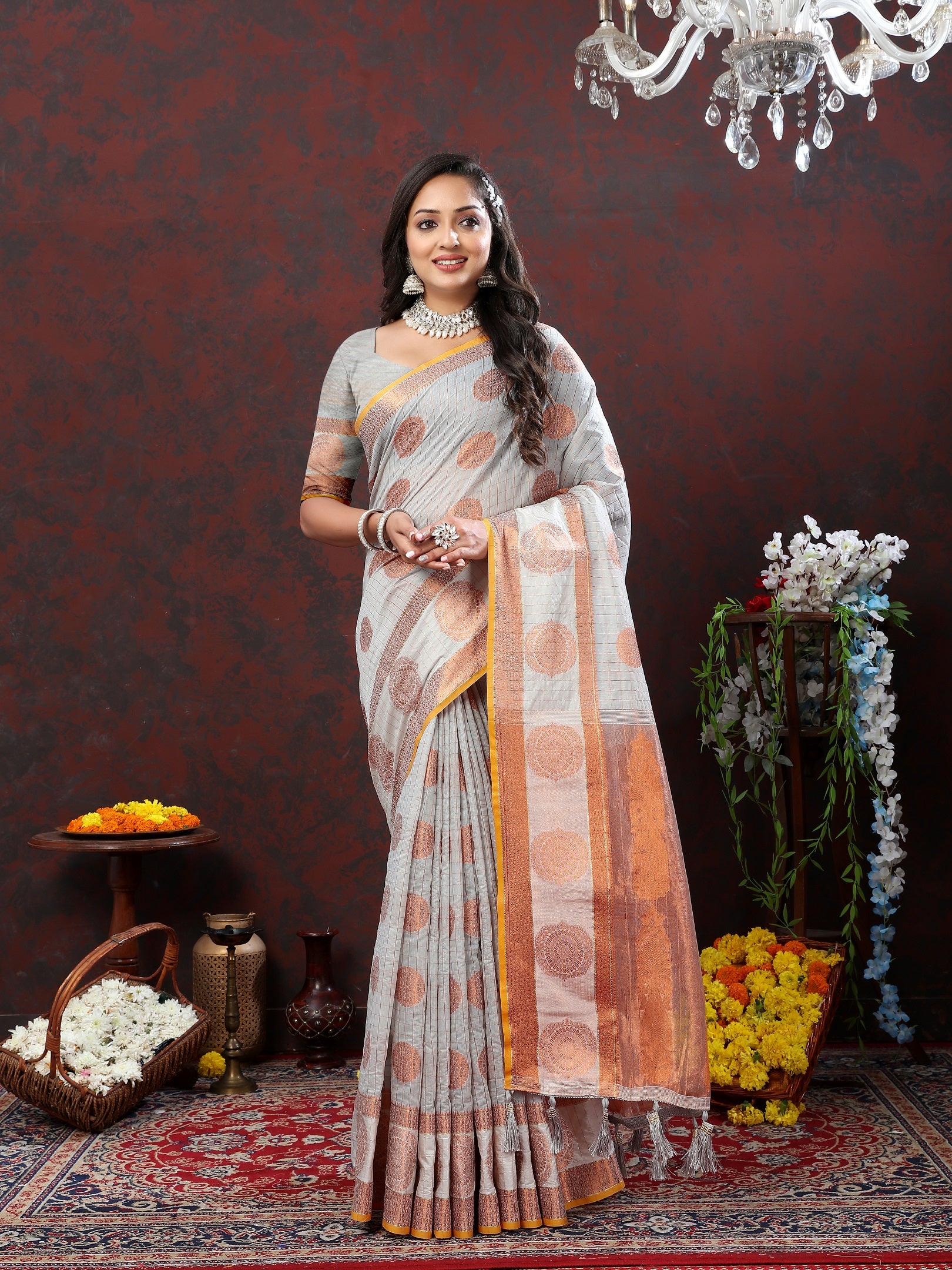Vedant Vastram Grey Color Kanjeevaram Cotton Silk Saree - Grey - Distacart